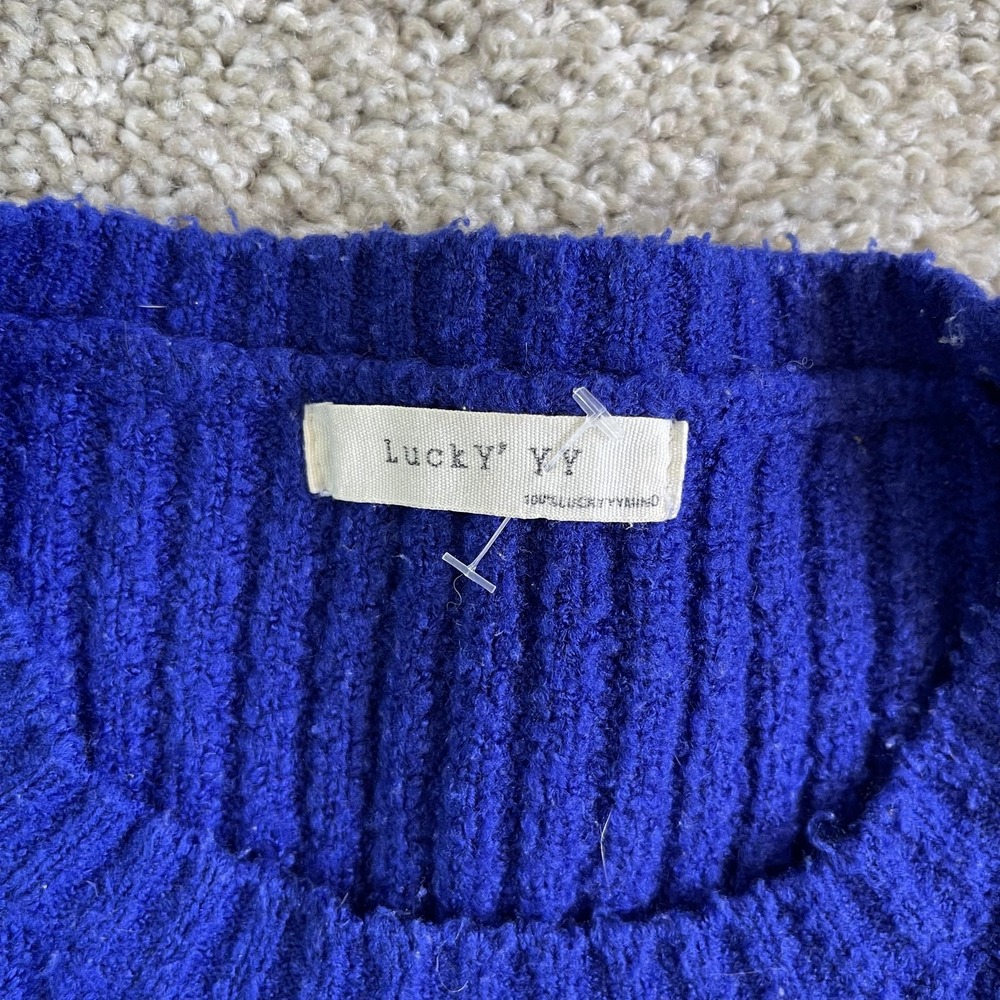 Lucky YY Sweater Womens Small Blue Crew Neck Puff 3/4 Sleeve Chunky Knit - Picture 3 of 9
